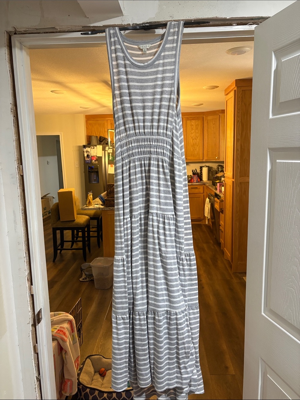Lucky Brand Gray and White Striped Knit Maxi Dress